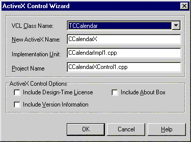 Выбор имени ActiveX, имен модулей и базового VCL-класса